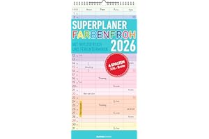 Superplaner Farbenfroh 2026 mit 4 Spalten - Familien-Timer 22x45 cm - Offset-Papier - mit Ferienterminen - Wand-Planer - Familienkalender - Alpha Edition