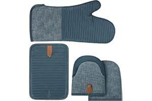 KYSUN Ofenhandschuhe, 4er Set Topflappen & Ofenhandschuhe, Hitzebeständige Kochhandschuhe Topfhandschuhe und Topflappen Set, Silikon Anti-Rutsch, Geeignet für Kochen Backen Grillen BBQ (Blau)