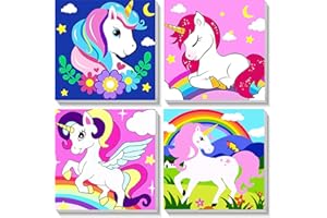 PUJEKNM 4 Pack Unicorn Paint by Numbers for Children with Wooden Frame-Unicorn Paint by Numbers Kids Ages 4-8-12,DIY Painting by Numbers Unicorns for Kids Acrylic Oil Canvas for Home Wall Decor(8X8inch)