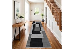 Hafaa Carpet Runners for Living room Black and Grey Runner Rugs for Hallway Non-Slip long 80 x 300 cm – Geometric Pattern Modern Low Pile Bedroom Carpet (Milo Black and Grey)