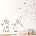 Stickers Muraux Pissenlit Coloré & Papillons – Décor Floral Enfant Bébé Fille, Autocollants Muraux Faciles à Poser