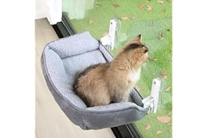 Zakkart Foldable Cat Hammock for Window with Bolster - Cordless, Fold-Up, Three-Side Bolstered Machine Washable Fluffy Bed, Robust Metal Frame - Cat Window Perch for Large Cats and Kittens - Gray Gr
