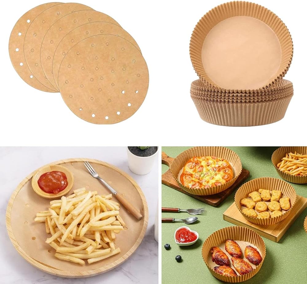 BUFFER® 200 Adet Air Fryer Pişirme Kağıdı Tek Kullanımlık Hava Fritöz Yağlı Kağıdı Yuvarlak Delikli ve Tabak Model