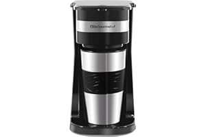 Elite Gourmet, Macchinetta per caffè EHC111A# compatta, monodose, 414 ml, con tazza termica da viaggio con interno in acciaio inox, compatibile con caffè macinato, filtro riutilizzabile, nero