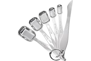 Doosu Metal Measuring Spoons Sets, 18/8 Stainless Steel Long Handle Square Teaspoon Tablespoon Narrow Measure Scoop Spoon Fit in Spice Jars, Kitchen Utensils for Cooking Baking (Set of 6 with Leveler)