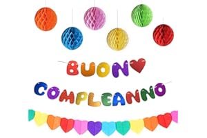JENICH Striscioni Buon Compleanno Festone Banner Bandiera Bandierine Happy Birthday in Italiano Ghirlanda di Cuore Sfere di Carta Addobbi Set Decorazioni Multicolore per Festa di Compleanno