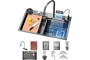 KOOGIMDDR Fregadero de cocina con cascada, 80 × 45 cm, grifo de cascada LED, tabla de cortar deslizante y lavavajillas de alta presión, compacto y multifuncional