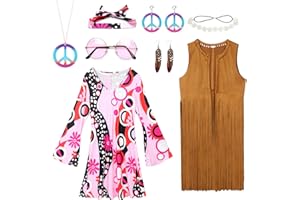 ANSAMY Conjunto de Disfraz Hippie para Mujer, Accesorios Disfraz Hippie Discoteca de Años 60 y 70, Chaleco con Flecos, Pendientes, Diadema, Collar, Gafas de Sol para Hippy Carnaval Mujer