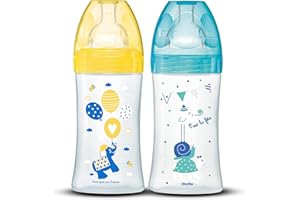 Dodie - Set mit 2 Babyflaschen + 270ml Gelb/Lagun 0-6 Monate, Flacher Sauger Flussrate 2 8179872