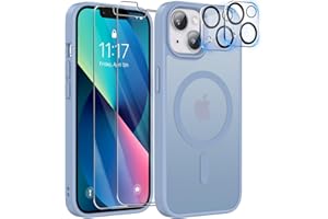 YisrLery 5-in-1 iPhone 13 Hülle für Mag Safe mit 2 Stück Panzerfolie und 2 Stück Kameraschutz Militärnorm Schutz, PC Kratzresistente Rückseite Stoßfest TPU Bumper Magnetische Hülle 6,1'' (Blau)