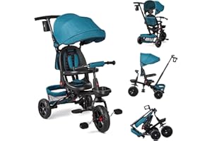 PORTOALEGRE 6 in 1 Triciclo Evolutivo per Bambini da 10 Mesi a 5 Anni, Bicicletta Passeggino per Bambini con Sedile Reversibile Parapole e Pedale, Triciclo per Bambin Pieghevole (Verde)
