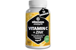‎VITAMAZE - AMAZING LIFE Vitamin C hochdosiert 1000 mg + Zink, 360 Tabletten für 1 Jahr, vegan & optimal bioverfügbar, Natürliche Nahrungsergänzung ohne unnötige Zusatzstoffe, Made in Germany