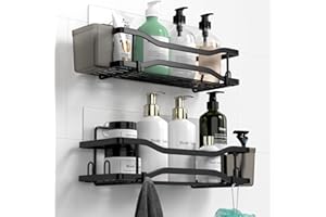 FINIBO Duschablage Ohne Bohren, 2 Stück Selbstklebend Badregal Badezimmer Organizer, Duschregal Edelstahl mit 4 Haken und 2 Zahnpasta Halter, Schwarz Duschablage Duschkorb für Bad Küche