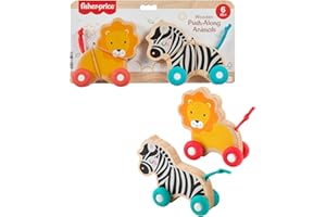 Fisher-Price Wood Baby Toys Push-Along Animals, Set of 2 Wooden Vehicles with Silicone Wheels for Crawling Play Infants Ages 6+ Months, JFN19