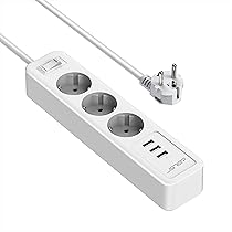 JSVER Multiprise USB,Bloc Multiprise 3 Prises Avec 3 Ports USB Chargeur (5V 2,4A/12W) Prise Multi 3680W 16A Avec Interrupteur Cable 2m Pour Maison, Bureau-Blanc