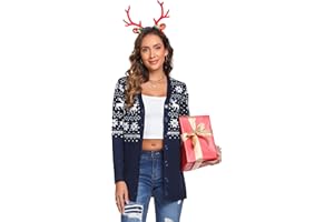 iClosam Świąteczny sweter damski zimowy kardigan z dzianiny z jeleniem damski świąteczny sweter z długim rękawem okrągły dekolt swetry bluzka świąteczny prezent na rok, Styl A: niebieski, XL