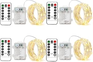 BXROIU 4 x Guirnalda luces pilas 8modos de luz y control remoto con temporizador,cadena 5metros de alambre plateado y 50 LEDs.para decorar dormitorios,jardines,fiestas,Navidad (Blanco Cálido)