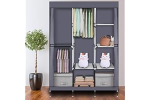 wenyuyu Portable Wardrobe Shelves Clothes Closet Storage Organizer, Non-Woven Fabric Cover for Bedroom, Department,Living Room, Small Space, Easy Assembly (Grey - 125x43x180cm)