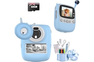 FINE LIFE PRO Cámara Digital Infantil, 30 MP, instantánea, impresión en Blanco y Negro, Foto con Pantalla de 1080P de 2,4 Pulgadas, para niños con Tarjeta TF de 32 G, Doble cámara, Azul