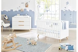 Pinolino Sparset Move, Kinderbett mit Lattenrost und Wickelkommode inkl. Wickelaufsatz, für Babys und Kleinkinder, edelmatt: Uni, weiß und massiv, Ahorn, klar lackiert