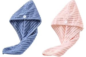 MTBRICEY Toallas para el Cabello de Microfibra Toallas de Turbante para el Cabello con Botones Toalla de Secado para el Cabello Súper Absorbente Turbante Anti-frizz Twist Tapas de Pelo Seco para Baño (2Pcs D)