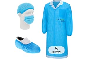 G.M. DISTRIBUZIONE 5 Kit Visitatore Monouso Colore BLU, Taglia Unica, KIT Visitatore Imbustato Monouso con Camice, Copriscarpe, Cuffia e Mascherina
