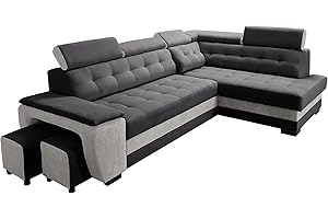 ROBIN INSPIRE Robin Grand Divano angolare con funzione di letto cassetto per la biancheria due pouf poggiatesta regolabile angolo a destra nero e grigio 277 x 180 x 100