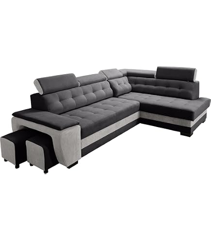 Robin Paris - Canapé D'angle Avec Fonction Lit Et Tiroir De Rangement | Appuie-têtes Réglables | Tissu Noir | Dimensions 240 X 165 Cm