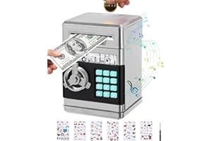 Birshe Elektronische Spardose Kinder Safe, Tresor Digitale ATM Sparschwein Groß mit Niedlichen Aufklebern Weihnachts Geburtstags Geschenke Silbrig