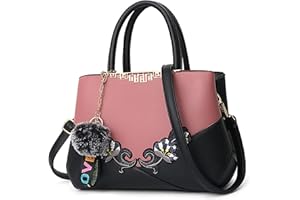 VARLIVOO Bolsos para Mujer Flores Patrón Bolsos Bandolera Pom Pom Decoración Bolsos de Mano Bolsos Totes para Mujer Colegio Bolso Señoras Con Bandolera Impermeable PU Cuero