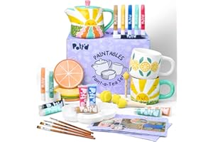 POTT'D Pott’d Paintables Paint-a-Tea Set, DIY Pottery Painting Kit for Adults with Teapot, Mugs, Coasters, Paints, Brushes, Sponges, Palette and Guide, Craft Kit for Beginners and Tea Lovers