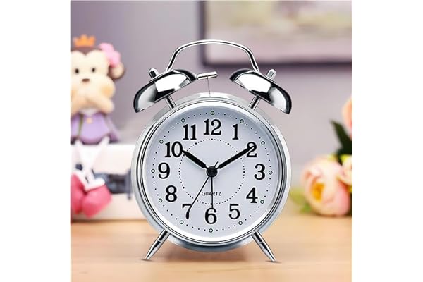 Amazon Brand - Umi Vintage Twin Bell Alarm Clock, Battery Operated with Night Backlight & Silent Movement for Bedroom & Office (Silver)