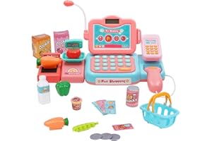 Maycoly Caja Registradora Juguetes, Maquina Registradora Juguete con Sonido, Escáner, Comida, Cesta, Tienda Supermercado Regalo para Niñas Niños 3 4 5 Años