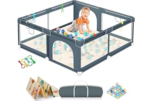 GOI Baby Playpen with Mat 180 x 150 cm, Play Pen Babies and Toddlers with 50 Ball Pit, 4X Handles, Zippered Door, Basket Net, and Breathable Mesh - Extra Large Baby Playpen with Storage Bag