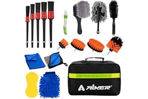 AIKER Kit Limpieza Coche,18PCS Cepillo de Taladro Eléctrico Kit con Cepillo para Llantas,Cepillo para Detalles,Bolsa de Almacenamiento,Cepillo para Taladro, Guantes de Lavado,Ropa de Microfibra