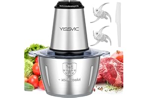 YISSVIC Tritatutto da Cucina Elettrico 2L, 500W, 2 Velocità, 2×4 Lame, Ciotola in Acciaio Inox, Anello Antiscivolo, Lavabile in Lavastoviglie, per Frutta Verdura Carne Spezie