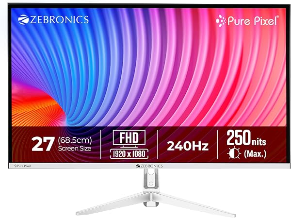 Zebronics 27 Inch FHD Gaming Monitor, 240Hz Refresh Rate, 1ms MPRT, Anti-Glare Display, 250 Nits, 16.7M Colors, Built-in Speakers, HDMI, DP, Bezel-Less Design,