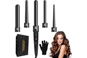 Anluomafuy Tenacilla de Pelo Profesional, Moldeador de Pelo, 5 en 1 Rizador de Pelo, Recubrimiento Cerámico, Guante Resistente, Temperatura Ajustable 150℃-210℃, Cable Profesional Giratorio