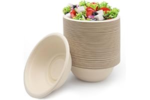 Rynvarl 50 Cuencos de Papel Biodegradables –350ml， Cuencos Desechables Compostables para Fiestas, Catering y Picnic – Resistentes al Calor y a la Grasa – Aptos para Alimentos, Sin BPA – Color natural