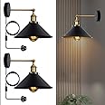 LEDSone Retro Plug in Wall Light Lamps with 2m Plug in Cable Cord and Dimmer Switch, Edison Metal Swing Adjustable E27 Wall Sconce, Vintage Industrial Indoor Reading Bedside Lamp (Black 2 Pack)