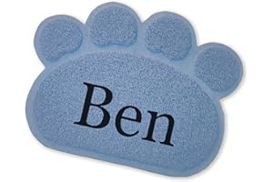 Personalised Non Slip Dog Feeding Mat, Rubber Pet Placemat Gift in Paw Print Shape (Light Blue)