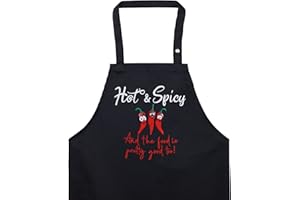 EXPRESS-STICKEREI Zabawny fartuch: HOT&SPICY and the food is good too Fartuch do grillowania dla mężczyzn Fartuch kuchenny regulowany z kieszenią Fartuch męski - BBQ Prezent urodziny mistrz grillowania, czarny, jeden rozmiar