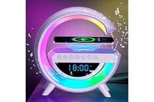 Voncerus Wireless Speaker, Atmosphere Night Light with Wireless Charging Function, G Shape Table Lamp, Bedside Lamp with Alarm Clock & Charging Function, Bedroom Bedside Lamp, Gifts