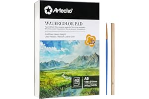 Artecho Papier akwarelowy w formacie A5, 40 arkuszy z pędzlem akwarelowym i ołówkiem, papier akwarelowy, 300 g/m², artystyczny szkicownik do malowania, rysowania, szkicowania i różnych mediów
