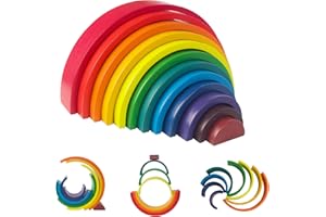 WOODENFUN Large Wooden Rainbow Stacker for Toddlers, 12 Pcs Bright Colors Rainbow Stacker Wooden Baby Toy – Stacking Game Building Blocks for Kids