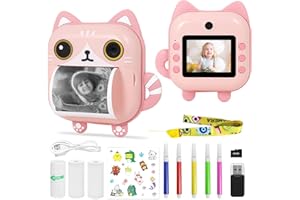 AURTEC Instant Camera for Kids, Mini Thermal Printing Camera, No Ink Required, 48MP Dual 1080P Video, 32G TF Card, 3 Print Papers, 2.4 Inch Color Screen, Cute Cat Cartoon Design