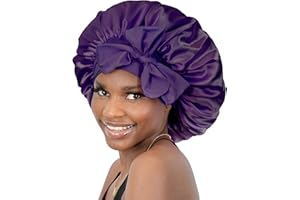 BONNET QUEEN Gorros de Satén de Dormir para Señora de Cabello Rizado Largos Naturales, Gorros de Seda con Banda Ancha para Atar Para Ella, Violeta Oscuro