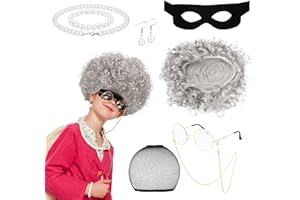 XEPST Gangster Granny Costume - World Book Day Burglar Old Lady Wig Costume Set Old Lady Fancy Dress Set with Granny Wig Robber Mask Glasses Pearl Necklace for Adult Kids Halloween Cosplay Carnival