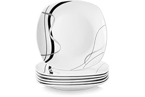 VEWEET 'Fiona' 9.75" 6-Piece Dinner Plate Porcelain Dinner Set Ivory White Black Decals Round Plates Dinning Set Kitchen Service China Dinner Plate (24.7 * 24.7 * 2.2 cm)