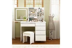 PREMTURE Tocador, Mesa cosmética con espejo rectangular de gran tamaño, 5 cajones, tocadores, mesa de tocador, tocador con taburete, gran espacio de almacenamiento, blanco, MDF, ‎50 x 100 x 135 cm